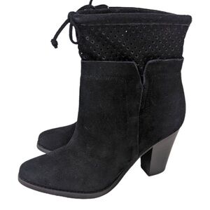 Black Suede Ankle Booties Heeled Design Crown Cut Out Black Leather Boots Size 8